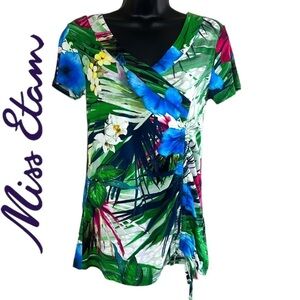 Miss Etam Women’s Blue/Green Floral Print Side Ruched Top Size S